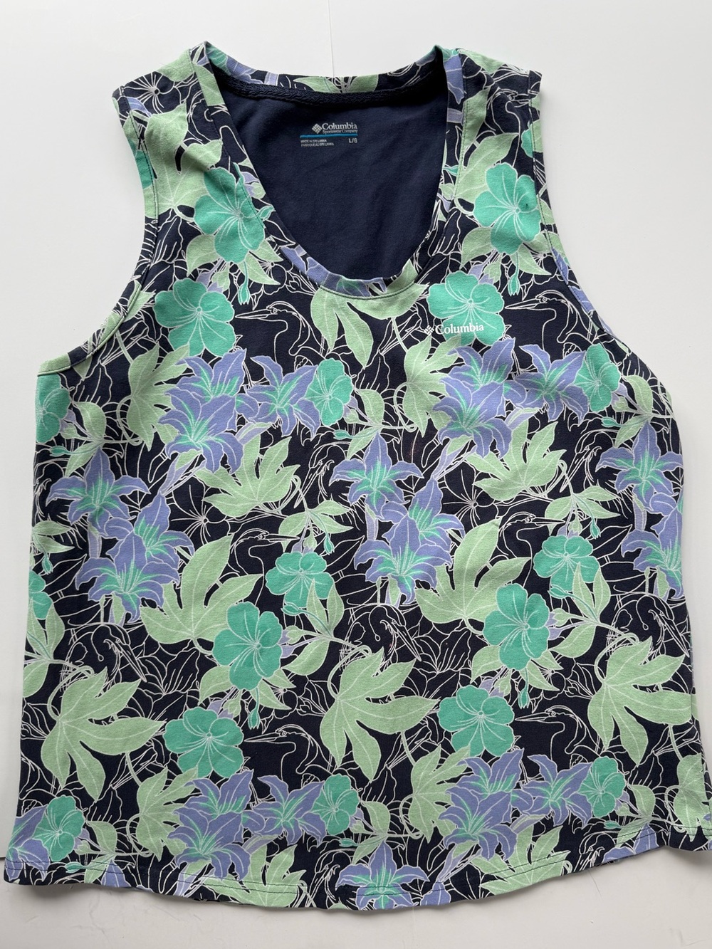 Columbia Sportswear Womens Blue Green Floral Sleeveless Top Larg